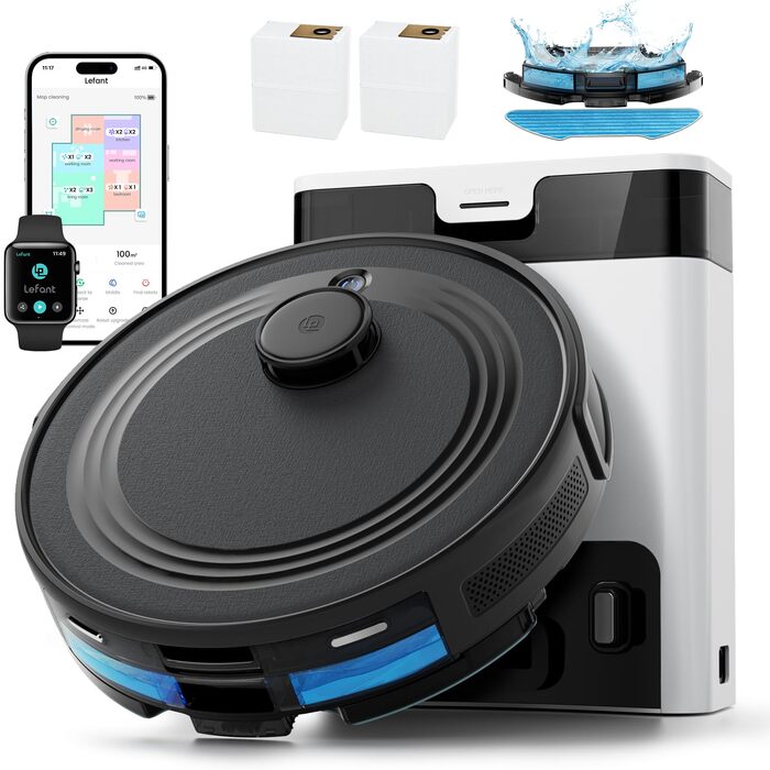 Робот-пилосос LEFANT M1 Pro: з картографією, функцією миття, 5500Pa, для тварин, керування через додаток/Alexa, білий/чорний