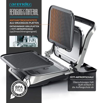 Arendo Electric Grill with Digital Control - 1900W Multi-Function Grill & Sandwich Maker - Stainless Steel, 7 Programs, Easy Clean