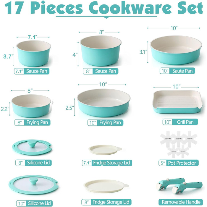 Набір каструль SENSARTE з керамічним покриттям, 17 предметів, антипригарне, для всіх плит, безпечне, можна мити в посудомийній машині, можна використовувати в духовці