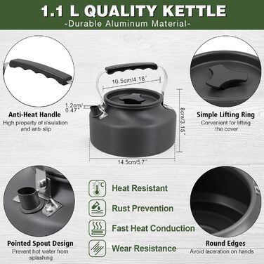 Набір кухонного посуду для кемпінгу: 15 предметів, чорний. Ідеально для пікніків, походів та кемпінгу. Включає казанок, сковорідку, чайник та інше.