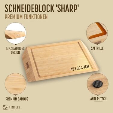 Дерев'яний обробний дошка Stirnholz 45x30 см з бамбука, преміум-якість, з жолобом для соку, з ручками, антиковзні ніжки, в подарунковій коробці