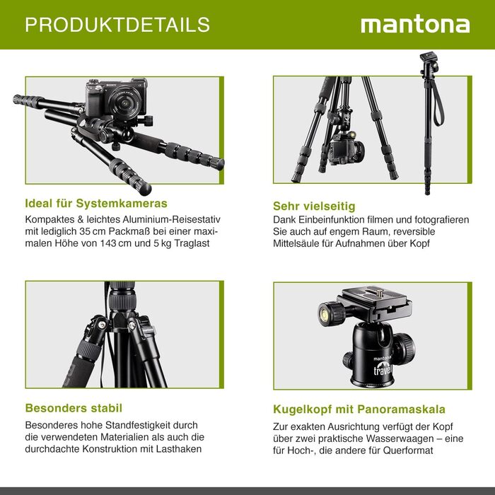 Штатив Mantona DSLM Travel - чорний, для камер, з кульковою головкою, до 5 кг