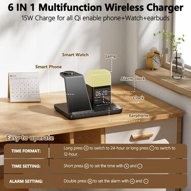 Багатофункціональна зарядка 6 в 1 з індуктивним бездротовим зарядним пристроєм, будильником та нічником, сумісна з Samsung Galaxy S25/24/Galaxy Buds3/Galaxy Watch, iPhone 16/15/AirPods4/3, жовта