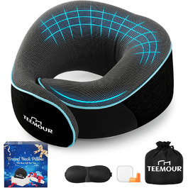 Подушка для шиї у літак з Memory Foam, 360° підтримка, з чохлом, маскою для очей та берушами, регульована подушка для подорожей (Чорний)