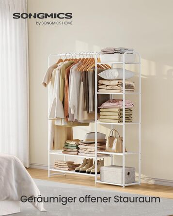 SONGMICS Взуттєва шафа, відкритий гардероб, вішалка для одягу, металева шафа для взуття з полицями, самостійна, 29 x 112 x 158,4 см, матовий білий LGR462W01 112B cm Mattweiß