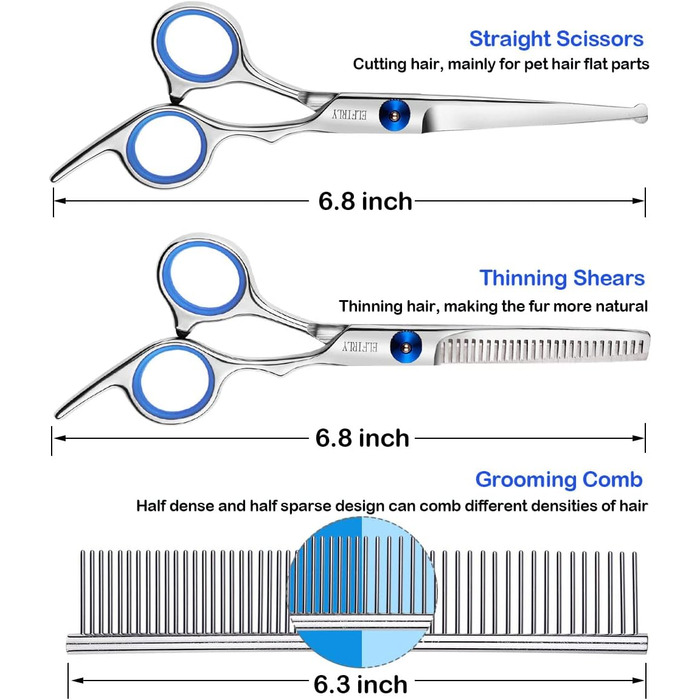 Набір професійних ножиць для грумінгу собак, нержавіюча сталь, круглі кінчики, ножиці для розрідження, вигнуті ножиці, набір ножиць для стрижки шерсті домашніх тварин з інструментом для стрижки нігтів