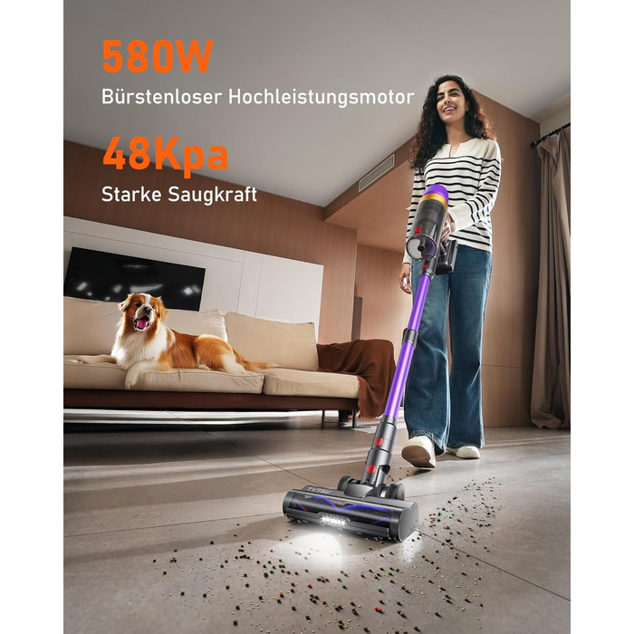 Бездротовий пилосос TVTAU T10 Pro (580W, 48000 Pa, 65 хв) з OLED-дисплеєм, самостійно заряджається, антинасадка для волосся, 1.8л контейнер. Ідеально для твердих підлог, килимів та шерсті тварин