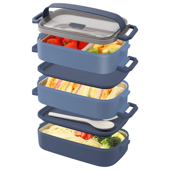 Ланчбокс Brotdose 3-ярусний для дорослих, 2200 мл, бенто-бокс з посудом, 3 відділення, BPA Free, для мікрохвильової печі, бежевий, 19.5 x 11.2 x 15 см