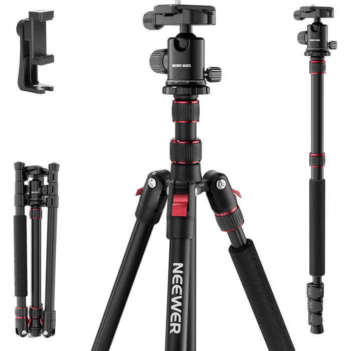 Штатив для камери NEEWER Basics з моноподом, 71' (22 см) з алюмінію, важкий, портативний, для подорожей, DSLR, мобільний телефон, 360° кульова головка, кріплення для телефону, сумісний з iPhone, для зйомки відео