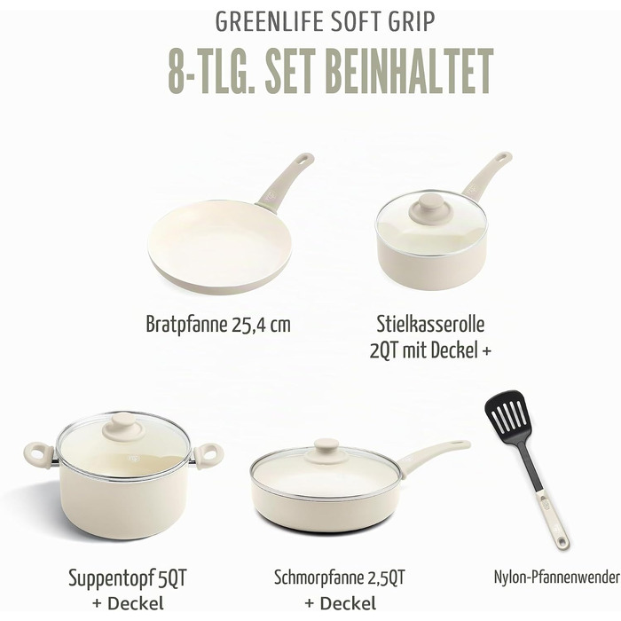 Набір керамічного посуду GreenLife Soft Grip (8 предметів), антипригарне покриття без PFAS, колір Cream