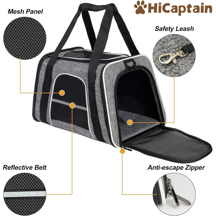 Транспортна сумка для котів HiCaptain, складана, з плечовим ременем, м'яко стьобана, переноска для собак та цуценят до 7 кг (Рожевий), 46 x 29 x 30 см (Сірий)