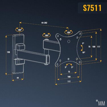 Кріплення для монітора RICOO S7511: настінна підставка для монітора 13-34 дюймів, поворотна, нахилена, VESA 75/100 мм, до 15 кг