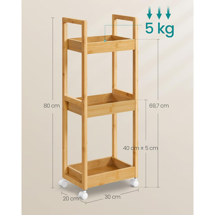 SONGMICS Rolling Cart, Bathroom Shelf, 3-Tier Bathroom Organizer, Bamboo Nook Shelf, Narrow Shelf, Rolling Utility Cart, Space-Saving, 20 x 30 x 80 cm, White BCB083W01 (Natural Beige)