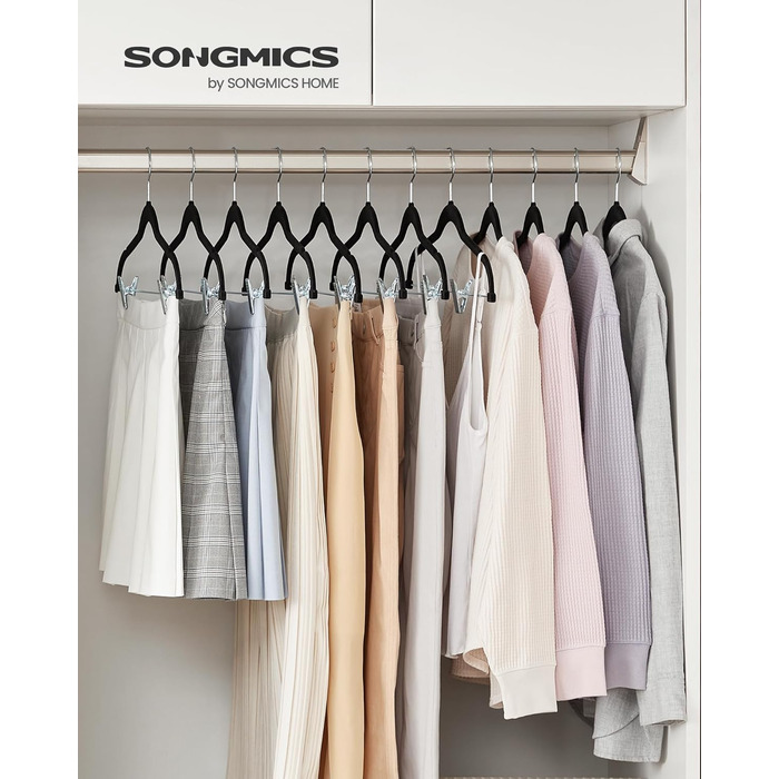 SONGMICS Velvet Clothes Hangers, 20-Piece Set, Skirt Hanger, 42.5 cm wide, with adjustable clips, non-slip, space-saving, for trousers, coats, dresses, black CRF012B20