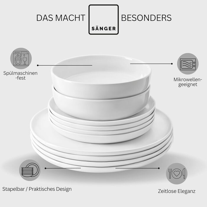Набір посуду SÄNGER Marlo, 30 предметів для 6 осіб: тарілки, миски, чашки з порцеляни | PREMIUM COLLECTION