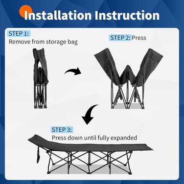 Ліжко похідне розкладне LEADZM з матрацом, 190x71x36 см, сталевий каркас, для кемпінгу, туризму та дому, чорне