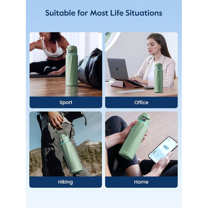 Розумна пляшка для води WATERH Boost з нагадуванням та трекером, 946 мл, нержавіюча сталь, зелена