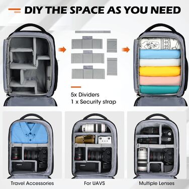 Рюкзак для фотокамери RAINSMORE – великий рюкзак для фотокамери, сумісний з Nikon, Canon, Sony, з відділенням для ноутбука 15.6 дюймів, чорний