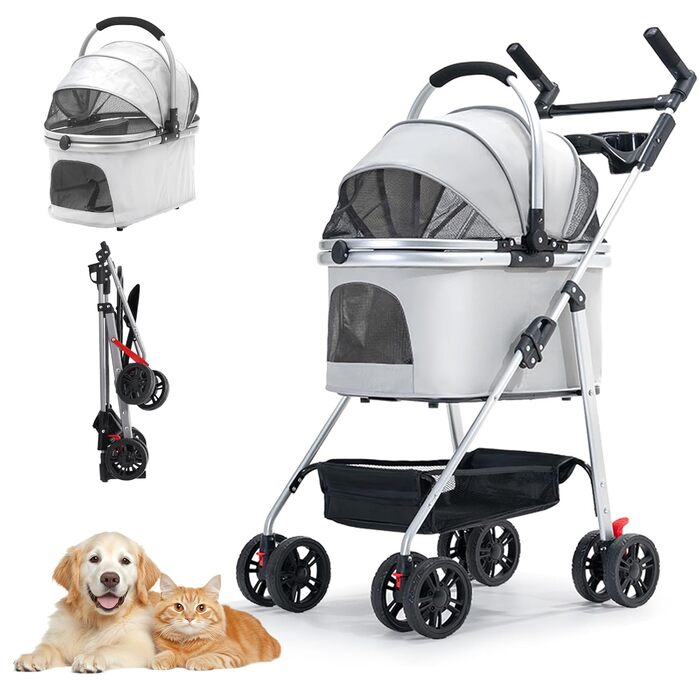 Візок для собак Siairo 3-в-1, сірий. Будка для собак середніх порід до 20 кг, переноска, автокрісло, відділення для їжі