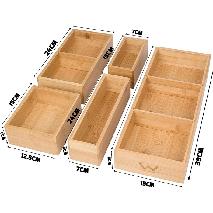 Bamboo Drawer Organizers, 5-Piece Set, with Various Compartments and Removable Dividers, Set of 5 Sturdy Wooden Storage Boxes with Extra Foot Pads for Home and Office