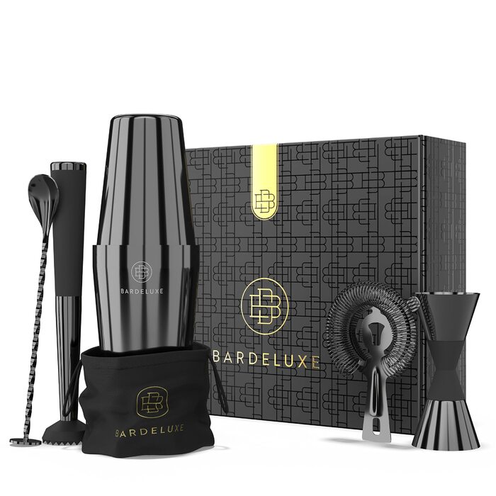 Набір для коктейлів BarDeluxe® Boston 5 предметів: шейкер 750 мл, аксесуари для бармена, подарунковий набір з сумкою та рецептами (чорний)