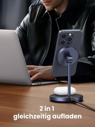 UGREEN MagFlow 2-в-1 Бездротова зарядка для iPhone з MagSafe, 90° регульована, кабель USB-C 1м
