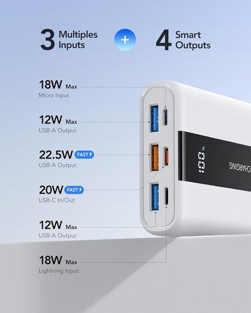 Power Bank VRURC 20000mAh: Швидка зарядка 22.5W, USB-C, 6 портів, LED-дисплей, для iPhone, Samsung, Huawei, iPad, Зелений