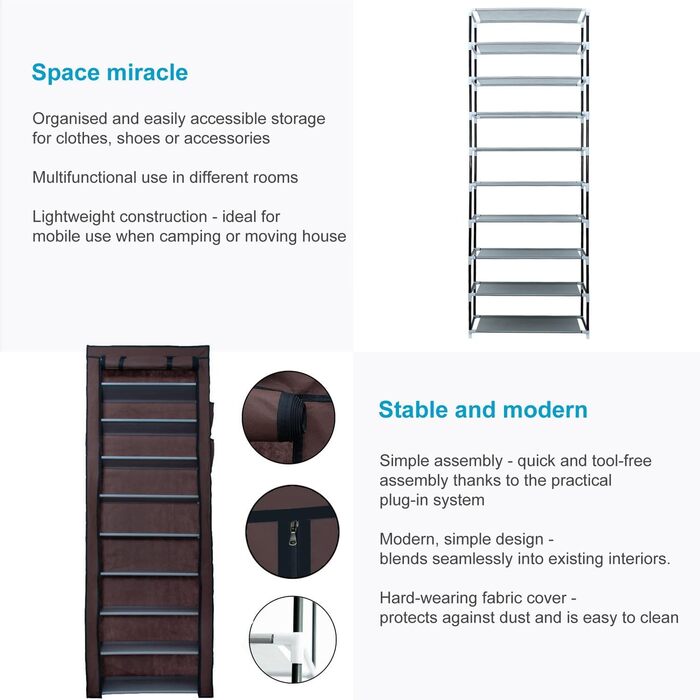 INTIRILIFE Folding Wardrobe 170x58x28 cm - with Zipper Fabric Wardrobe, Clothes Closet, Shoe Rack with 9 Storage Compartments - Camping Storage Box, Textile Wardrobe (Cocoa Brown)