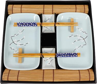 Набір для суші Exzact (10 шт.) – 2 тарілки, 2 миски для соусу, 2 підставки під столові прилади, 2 пари паличок для їжі – високоякісний фарфор, у подарунковій коробці – блакитний колір