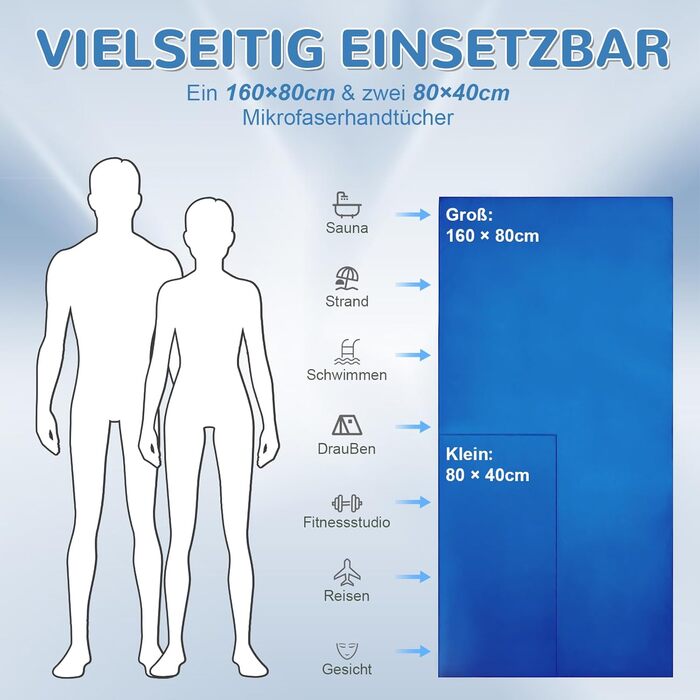Набір з 3-х рушників з мікрофібри (великий 160x80 см та 2 маленькі 80x40 см), швидковисихаючі, для фітнесу та спорту, для пляжу, ванни, спорту та подорожей (Королівський синій)