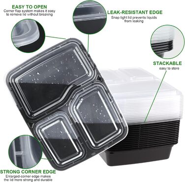 Контейнери для їжі Meal Prep, 20 шт. - BPA Free, багаторазові, для зберігання продуктів, морозильник, мікрохвильова піч, посудомийна машина, 3 відділи, 32 oz