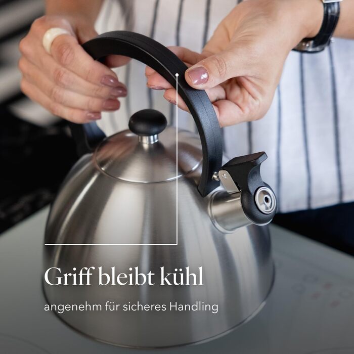 Чайник FLORINA Brillo з нержавіючої сталі (2,5 л) | Чайник-свисток для плити (індукційна, газова, електрична) | Сріблястий | Зручна ручка з бакеліту