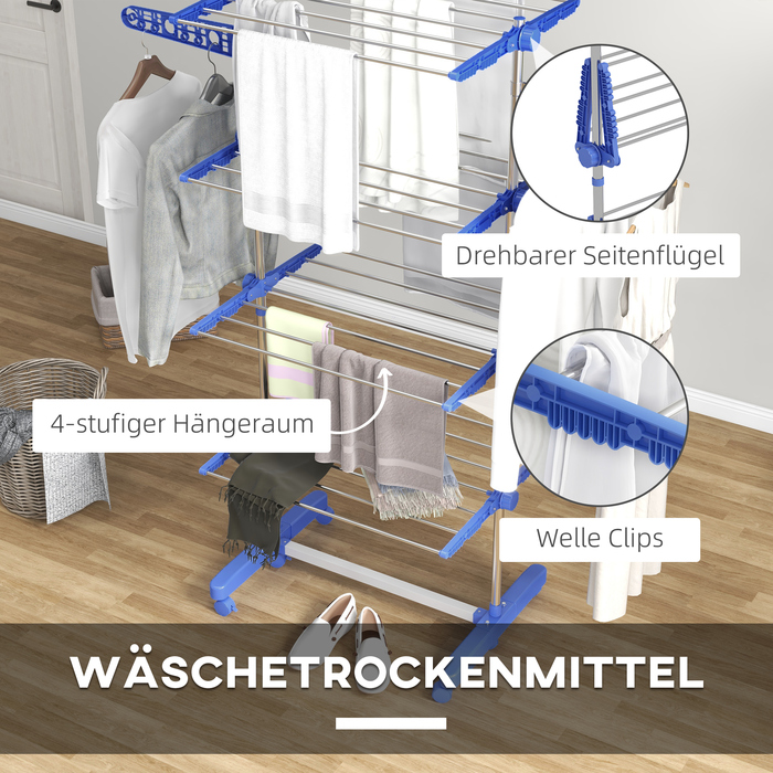 HOMCOM Clothes Rack with Wheels, Clothes Dryer Tower, 2-Tier Folding Wings, Standing Dryer Made of Steel in Blue for Space-Saving Drying