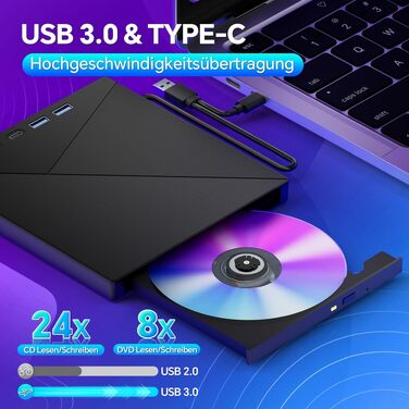 Зовнішній CD/DVD привід та записувач USB-C & USB-A з картридером TF/SD для ноутбука, Windows, Mac OS, Linux