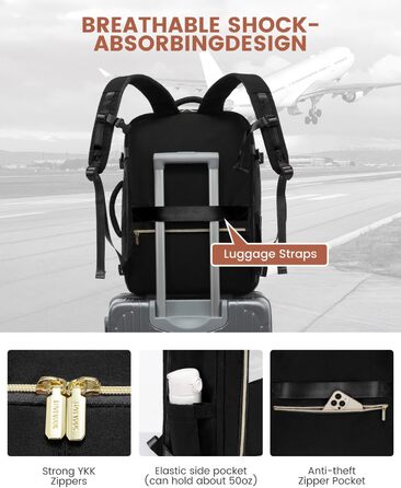 Рюкзак LOVEVOOK для ручної поклажі в літак, 40L, водонепроникний, з відділенням для взуття, для ноутбука 17.3 дюймів, чорний