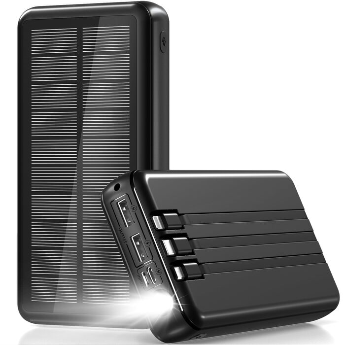Сонячний павербанк 48000 мАг з 3 кабелями, сонячна панель з 3 виходами та 2 входами, швидка зарядка QC22.5 та PD USB-C 20W для телефонів, планшетів, кемпінгу, подорожей, активного відпочинку
