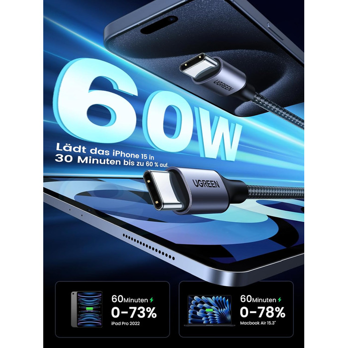 Кабель USB-C на USB-C UGREEN 60W PD 3.0, 1.0 м (1 м), сумісний з iPhone, Galaxy, MacBook, iPad, Pixel