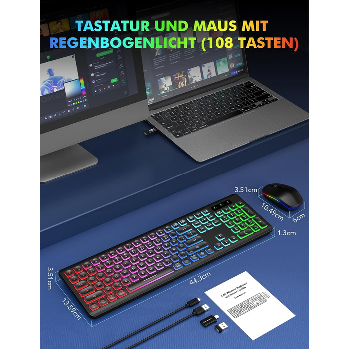 Бездротова клавіатура та миша з підсвічуванням, USB-C, тиха, для Mac/Windows/PC/Laptop, QWERTY (Чорний)