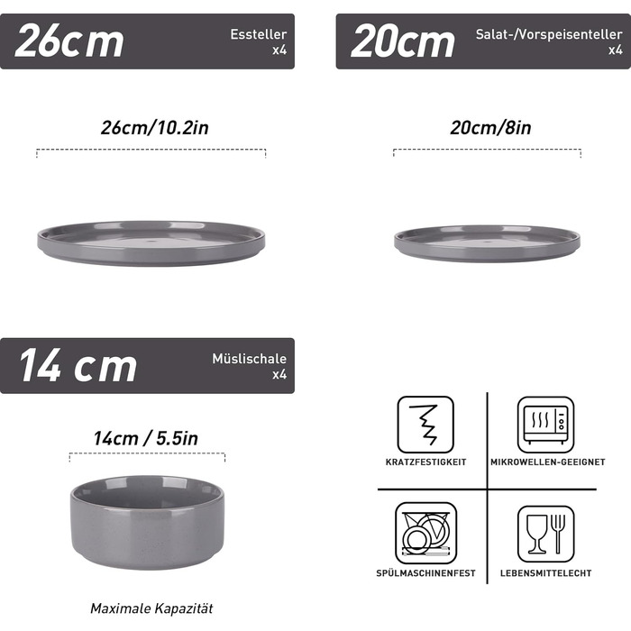 Набір посуду Nebula для 4 осіб (12 предметів): тарілки та миски, керамічний набір, тарілки для сервірування столу, безпечний у мікрохвильовці та посудомийній машині, темно-сірий колір