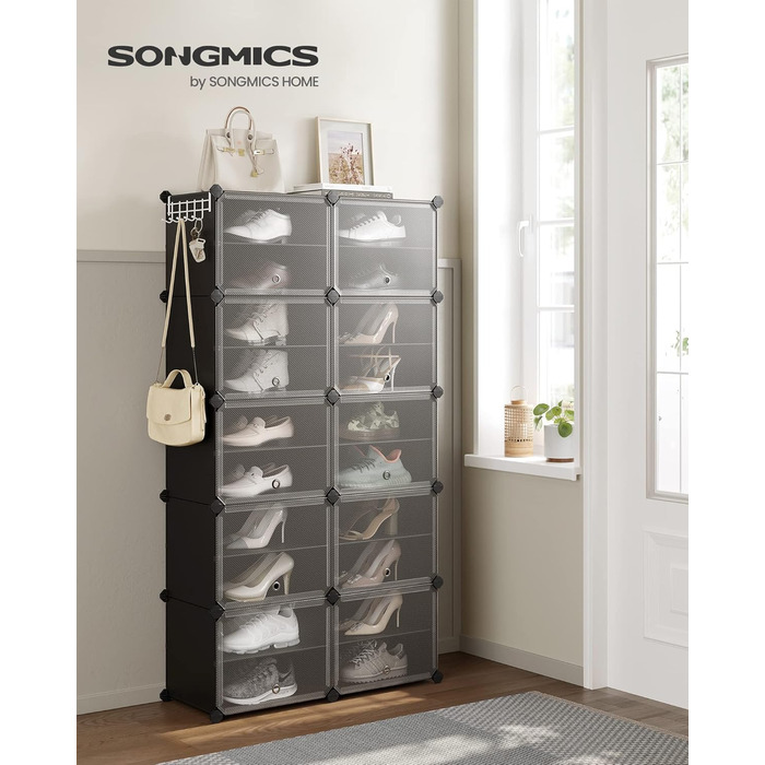 SONGMICS 10-Tier Shoe Rack, Shoe Cabinet, 30 x 40 x 30 cm per compartment, narrow, with doors, steel frame, plastic, for hallway, bedroom, entrance area, black LPC035B01