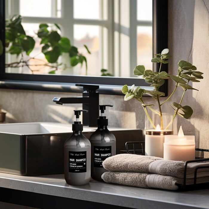 4 шт. Наповнювані порожні флакони для шампуню, 500 мл дозатори для мила, флакони з помпою з пластику, дозатори для лосьону, рідкого мила, шампуню, кондиціонера, гелю для душу, наклейки (прозорий чорний)