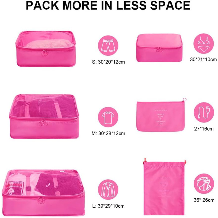 Органайзер для валізи OSDUE, набір 6 шт., Packing Cubes, водонепроникні сумки для одягу, туристичний органайзер, рожевий колір