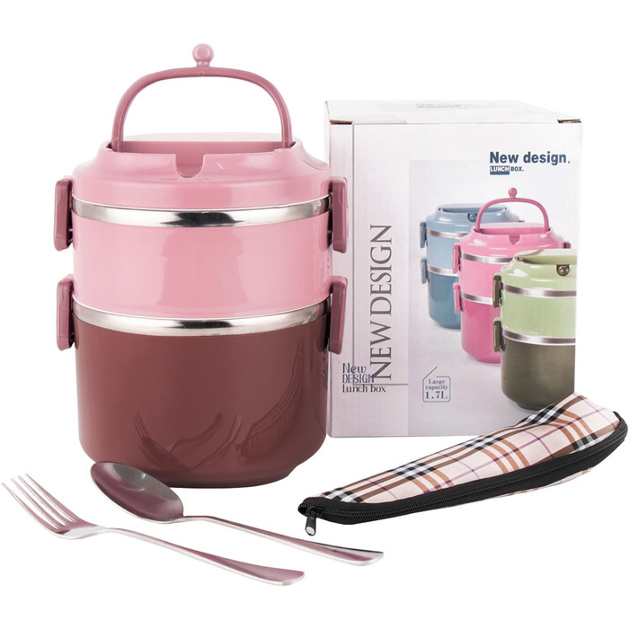 SANQIAHOME 2-Tier Stackable Stainless Steel Lunch Box, Leak-Proof, Pink
