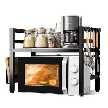 Регульована полиця для мікрохвильової печі UCAMP, розширювана, 2-рівнева, з вуглецевої сталі, для організації кухні, з підставкою для обрізної дошки та 6 гачками (чорна)