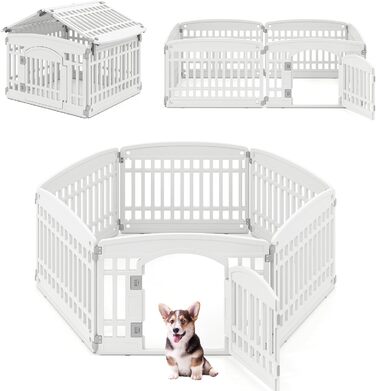 Лягу для цуценят COSTWAY, розкладний вольєр для собак з 6 панелями та замкненою дверима, 60 см, вольєр для собак на вулиці/в приміщенні, білий
