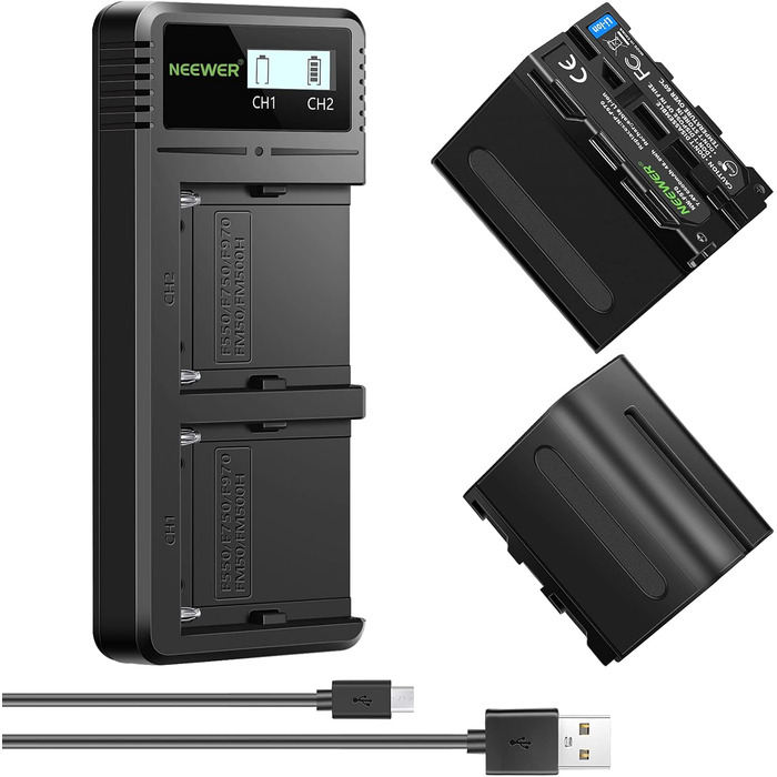 Зарядний пристрій NEEWER Dual USB з 2 акумуляторами 6600mAh NP-F970 та швидкою зарядкою для Sony NP-F970/F960/F950/F770/F750/F570/F550, Handycam, LED-ліхтарі, моторизовані слайдери NW-F970 DQ-F970