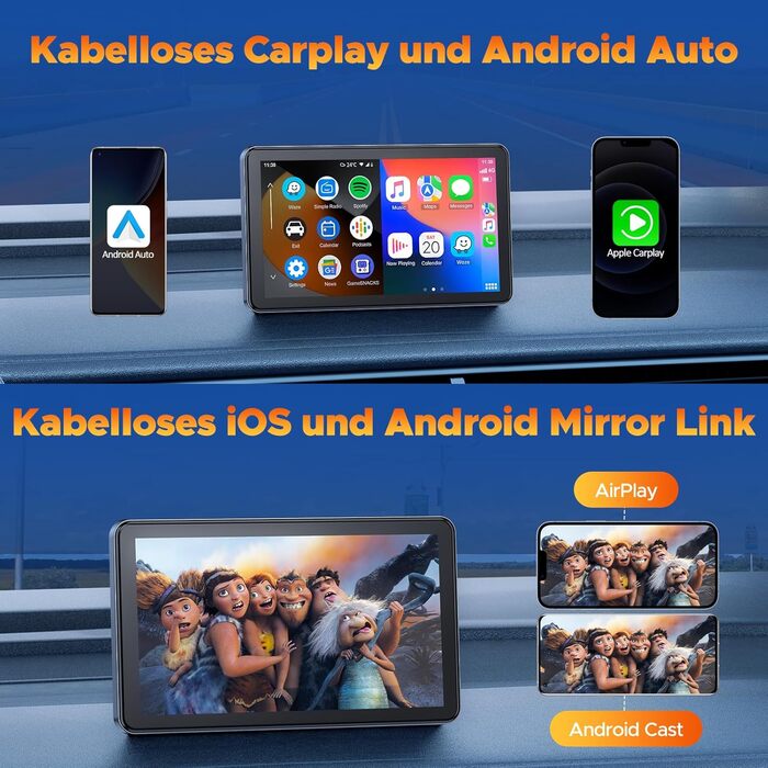 Volam Бездротовий CarPlay/Android Auto дисплей 7 дюймів, сенсорний екран, Mirror Link, навігація, музика, Siri, Google Асистент, Bluetooth 5.0, AUX, FM