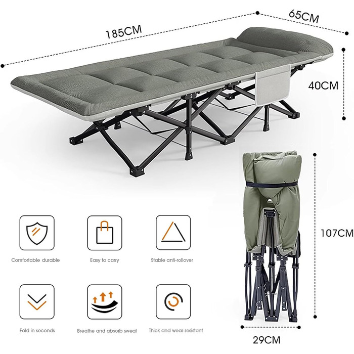 Розкладне ліжко для дорослих HCBUTAЕ 250kg - односпальне, гостьове, туристичне ліжко для відпочинку на природі та вдома (з кишенею, сталевий каркас, Oxford)