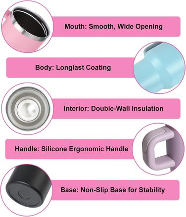 Термокружка ZAKVOP 410мл з трубочкою, кришкою та ручкою, рожева | Термокружка для кави та напоїв на виніс