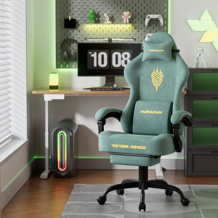 Геймерське крісло Ferghana Ergonomisch LW220: зручне крісло для комп'ютера з підголівником, підтримкою спини, підлокітниками та підставкою для ніг (зелений)